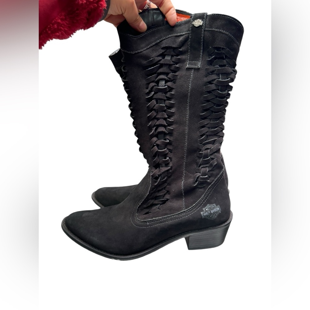 Harley-Davidson Black Heeled Western Boots with Braided Side Detail